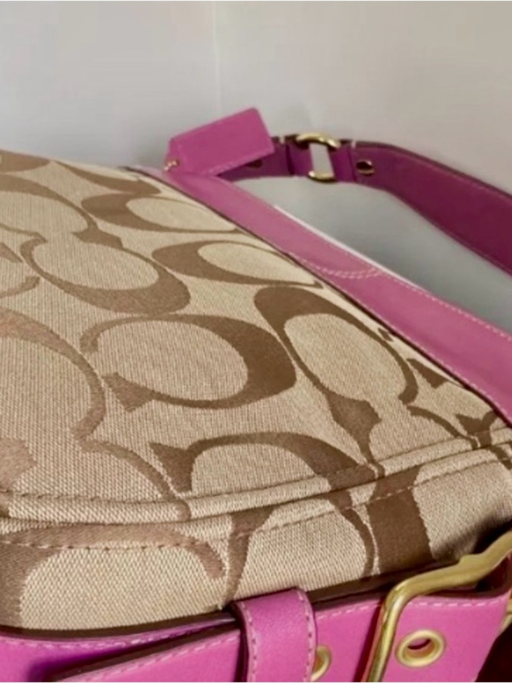 Coach Zoe Signature Khaki/Orchid Purse Handbag - Picture 3 of 8